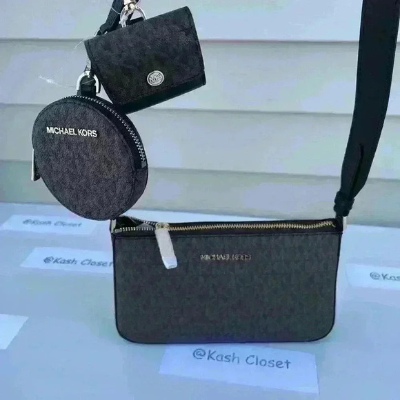 Michael Kors Tech Attach Crossbody Coin Purse Airpod Case MK Signature Blk Brn - Picture 1 of 5